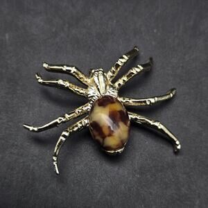 Gold Tone Brown Spider Brooch Marbled Acrylic Vintage Bug Insect Jewelry